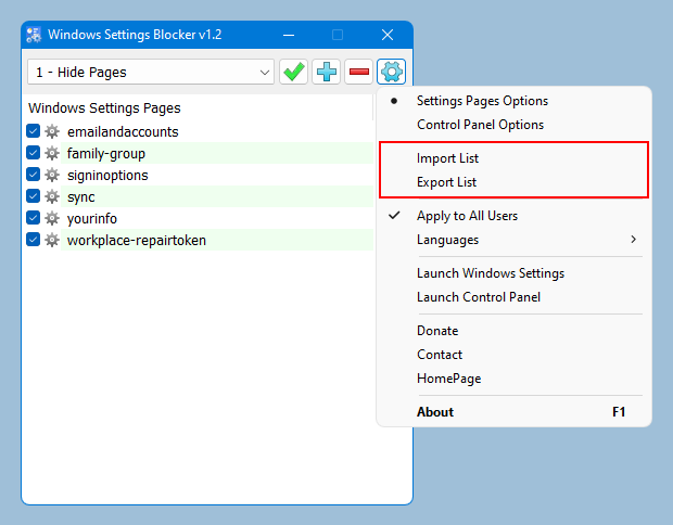 Windows Settings blocker export - Import feature